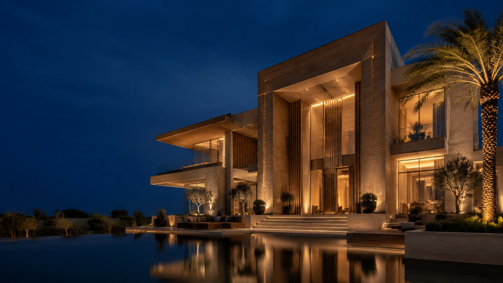 Conceptual contemporary architecture opening onto a reflecting pool at dusk